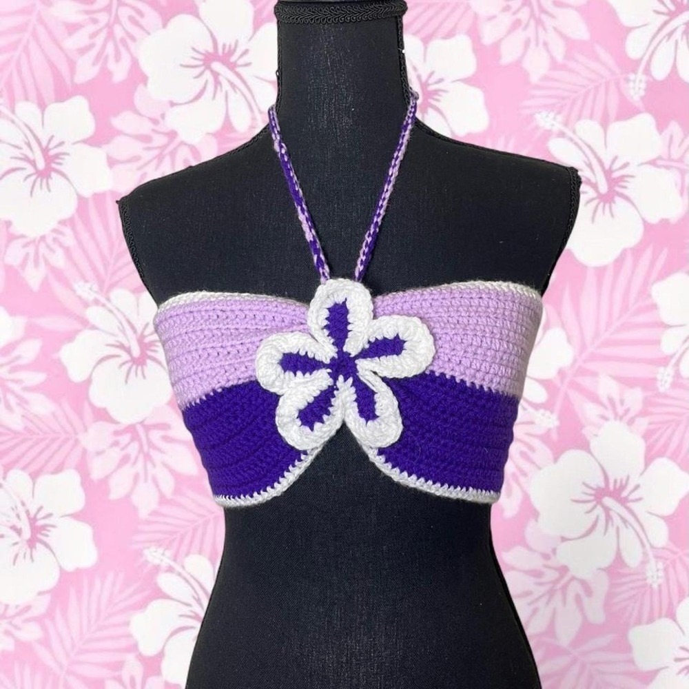 crocheted bandeau top with cinched middle, neck ties, and corset back
